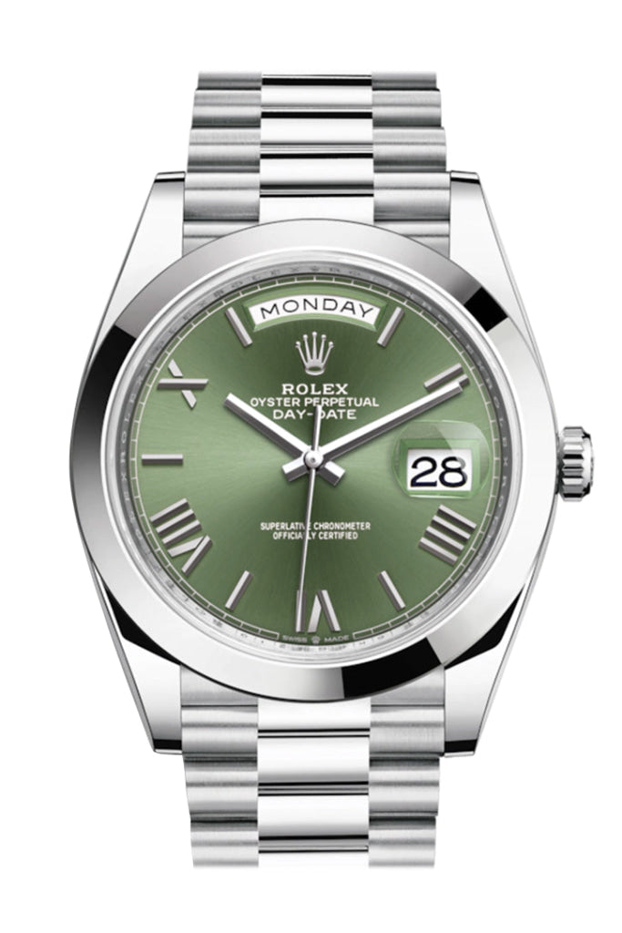 Rolex Day-Date 40 Olive Green Roman Dial Dome Bezel Platinum President Automatic Men's Watch 228206 DC