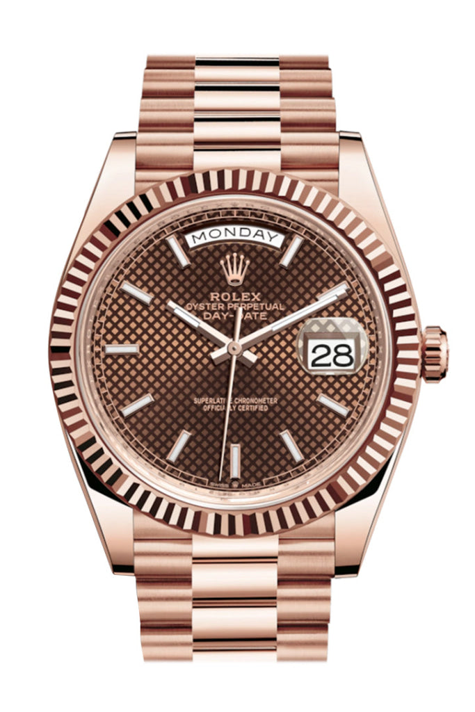 Rolex Day-Date 40 Chocolate Diagonal Motif Dial Fluted Bezel 18K Everose gold President Automatic Men's Watch 228235 DC