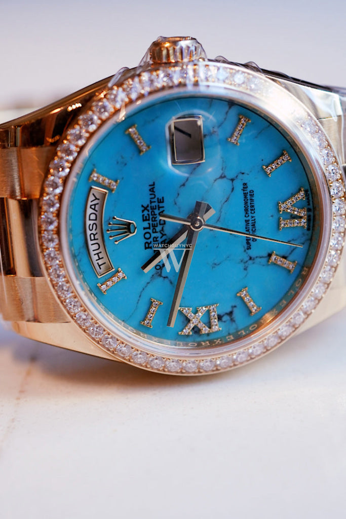 Rolex Day-Date 36 Turquoise Dial Gold Diamond Bezel Watch 128348RBR-0037 128348RBR