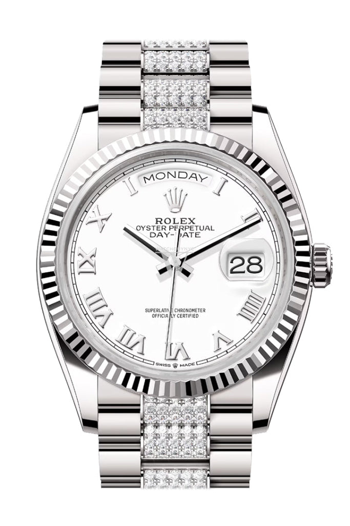 Rolex Day-Date 36 White Dial Fluted Bezel White Gold Diamond President Watch 128239 DC