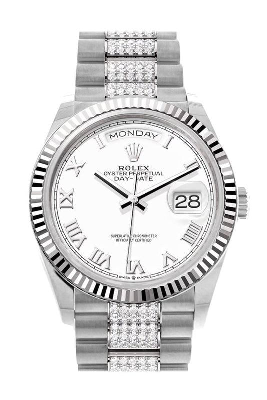 Rolex Day-Date 36 White Dial Fluted Bezel White Gold Diamond President Watch 128239 DC