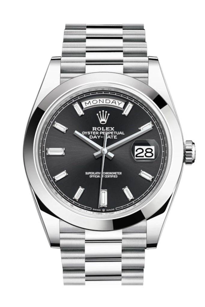 Rolex Day-Date 40 Black Baguette Diamond Dial Dome Bezel Platinum President Automatic Men's Watch 228206 DC