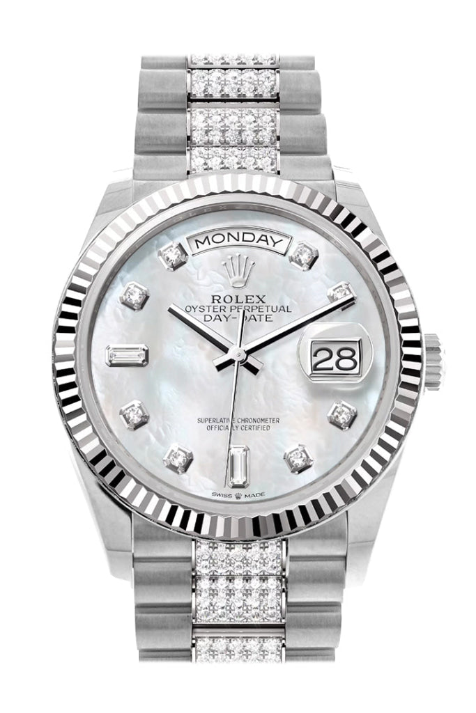 Rolex Day-Date 36 Mother of Pearl Diamond Dial Fluted Bezel White Gold Diamond President Watch 128239