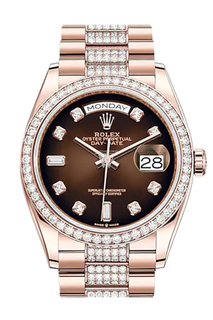 Rolex Day-Date 36 Brown ombré Diamond Dial Diamond Bezel 18K Everose Gold Diamond President Watch 128345RBR