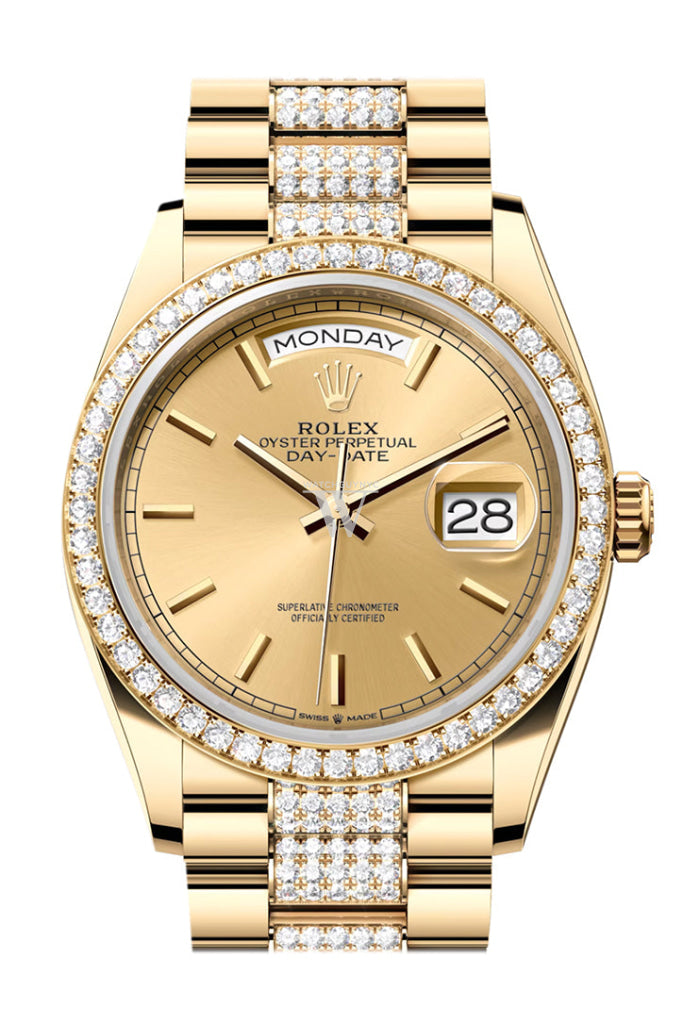 Rolex Day-Date 36 Champagne Dial Gold Diamond Bezel Watch 128348RBR-0027 128348RBR