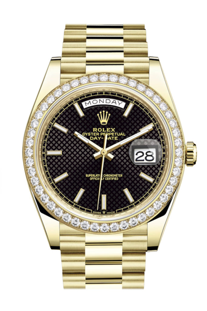 Rolex Day-Date 40 Black Motif Dial Diamond Bezel 18K Yellow Gold President Men's Watch 228348RBR DC