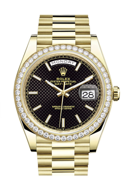 Rolex Day-Date 40 Black Motif Dial Diamond Bezel 18K Yellow Gold President Men's Watch 228348RBR DC