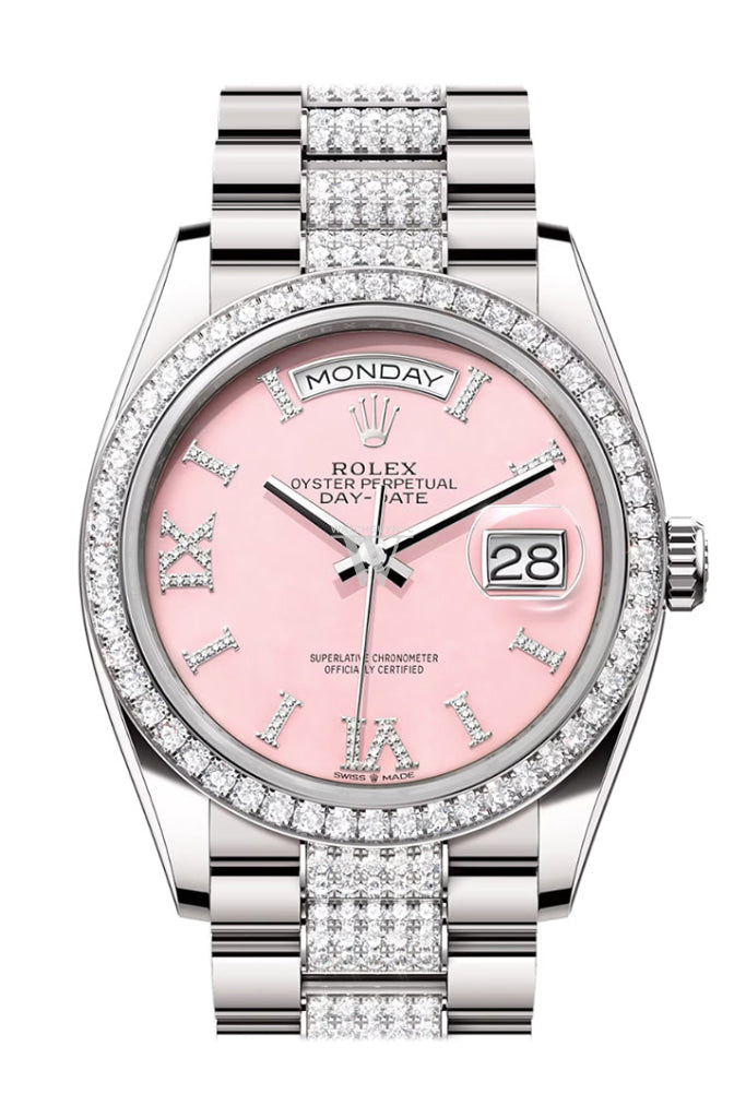Rolex Day-Date 36 Pink Opal Diamond Dial Diamond Bezel White Gold Diamond President Watch 128349RBR