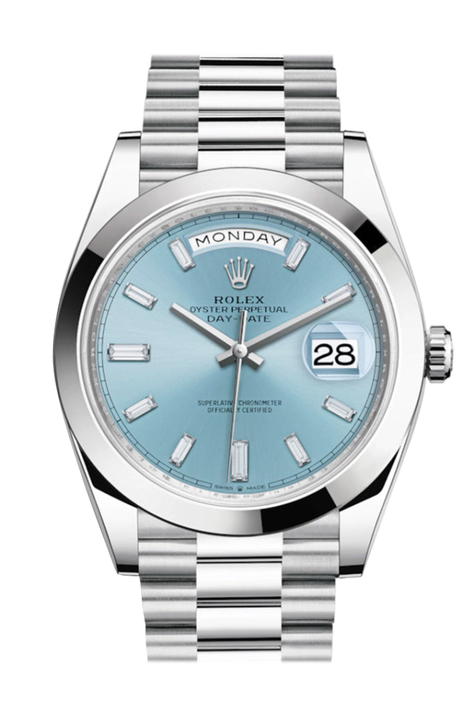 Rolex Day-Date 40 Ice Blue Baguette Diamond Dial Dial Dome Bezel Platinum President Automatic Men's Watch 228206 DC