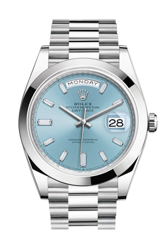 Rolex Day-Date 40 Ice Blue Baguette Diamond Dial Dial Dome Bezel Platinum President Automatic Men's Watch 228206 DC
