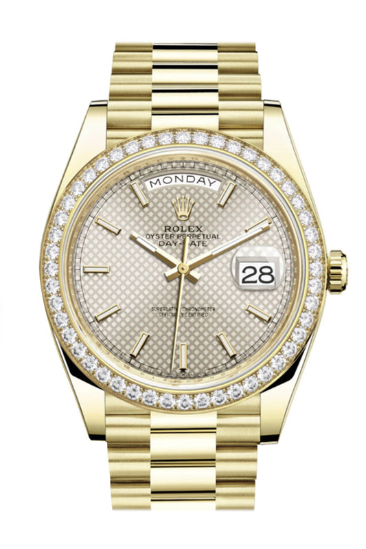 Rolex Day-Date 40 Silver Motif Dial Diamond Bezel 18K Yellow Gold President Men's Watch 228348RBR DC
