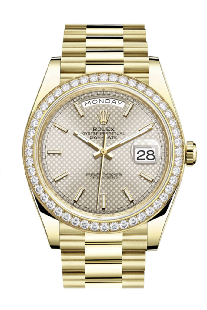 Rolex Day-Date 40 Silver Motif Dial Diamond Bezel 18K Yellow Gold President Men's Watch 228348RBR DC