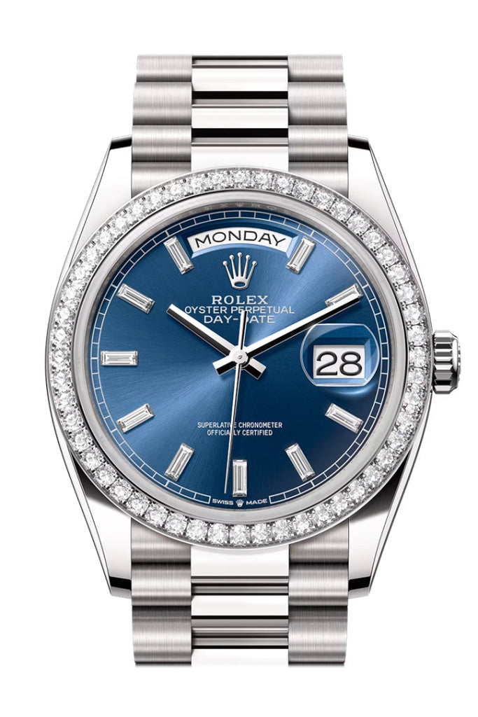 Rolex Day Date 36mm Bright Blue Diamond Dial Diamond Bezel White Gold President Bracelet 128349RBR