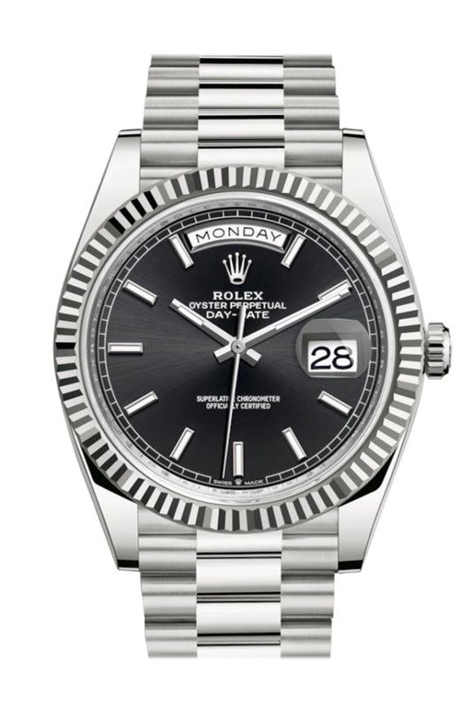 Rolex Day-Date 40 Black Dial Fluted Bezel White Gold President Automatic Men's Watch 228239