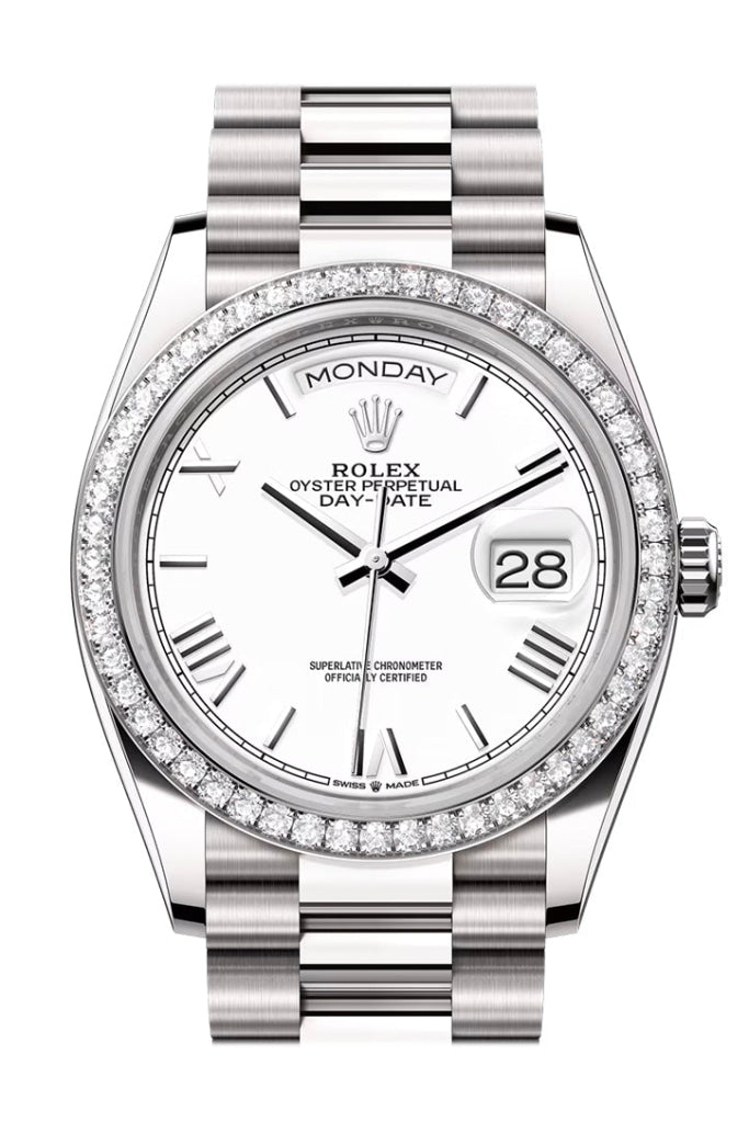 Rolex Day Date 36mm White Roman Dial Diamond Bezel White Gold President Bracelet 128349RBR