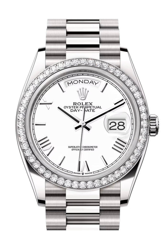 Rolex Day Date 36mm White Roman Dial Diamond Bezel White Gold President Bracelet 128349RBR