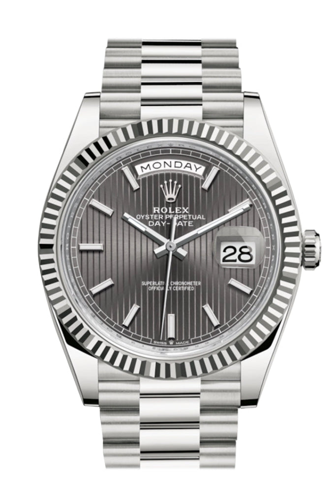 Rolex Day-Date 40 Dark Rhodium Stripe Motif Dial Fluted Bezel White Gold President Automatic Men's Watch 228239 DC