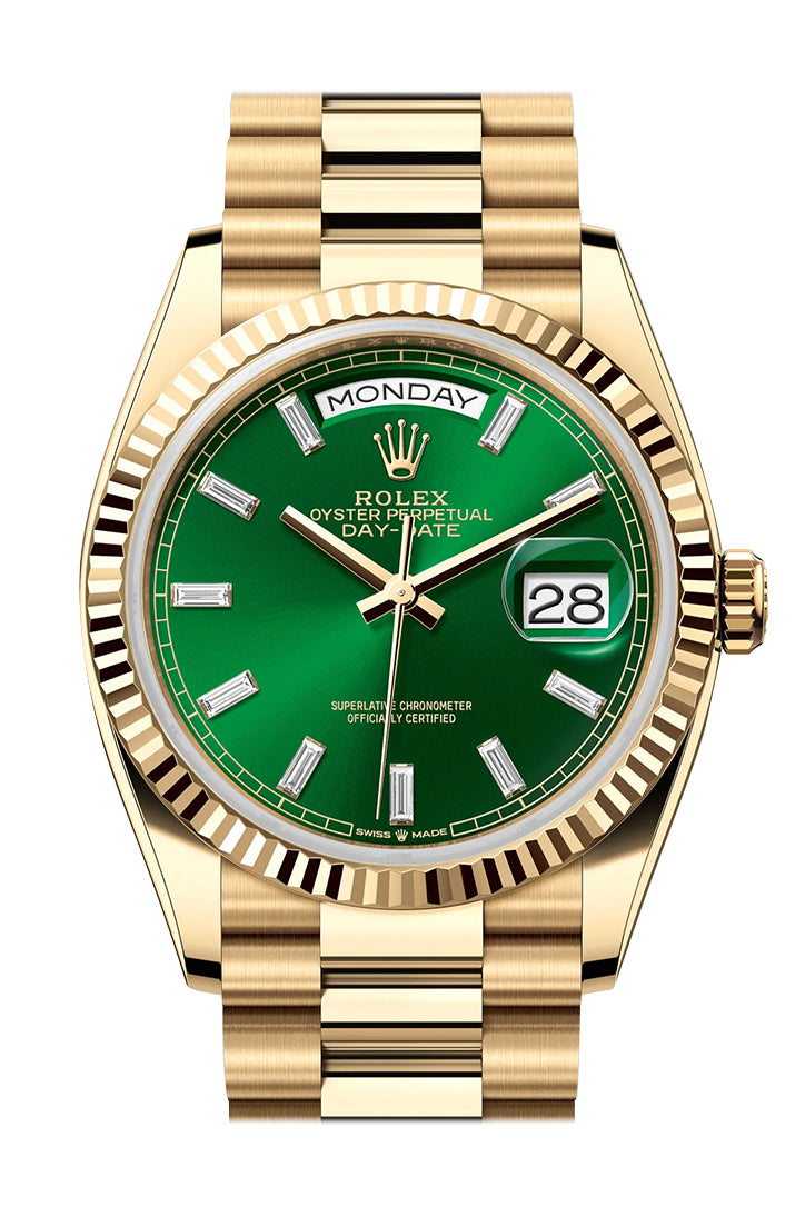 Rolex Day-Date 36 Bright Green Dial Gold Fluted Bezel Yellow Gold Watch  128238 128238-0130