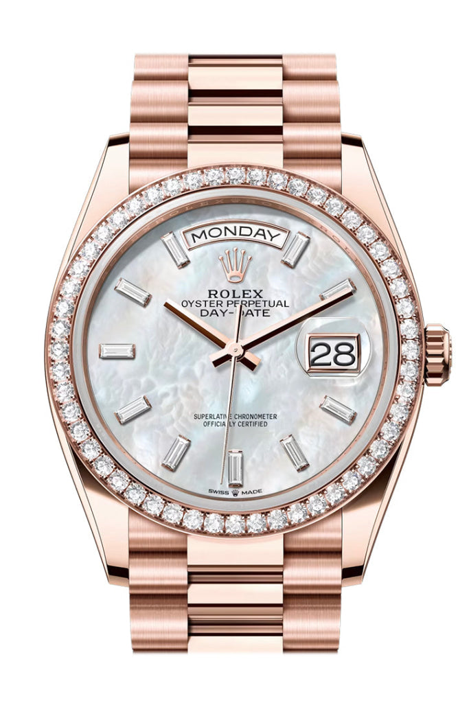 Rolex Day Date 36 White MOP Diamond Dial Diamond Bezel Rose Gold President Bracelet 128345RBR