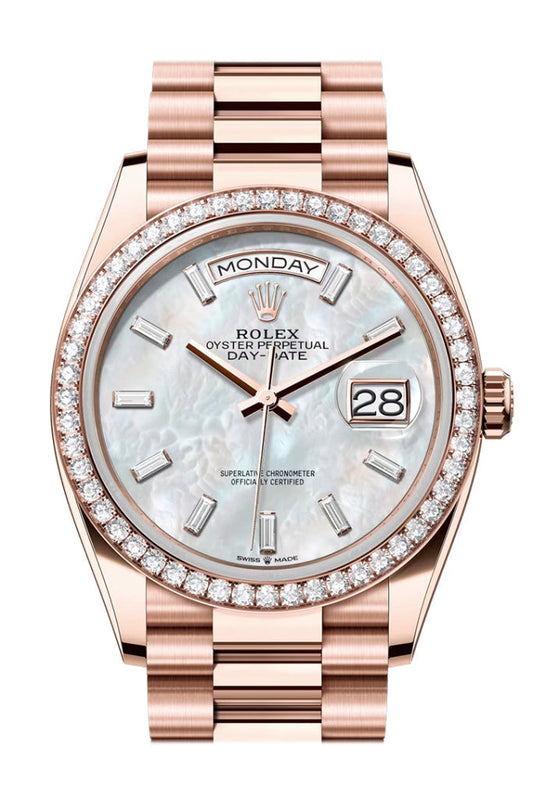 Rolex Day Date 36 White MOP Diamond Dial Diamond Bezel Rose Gold President Bracelet 128345RBR