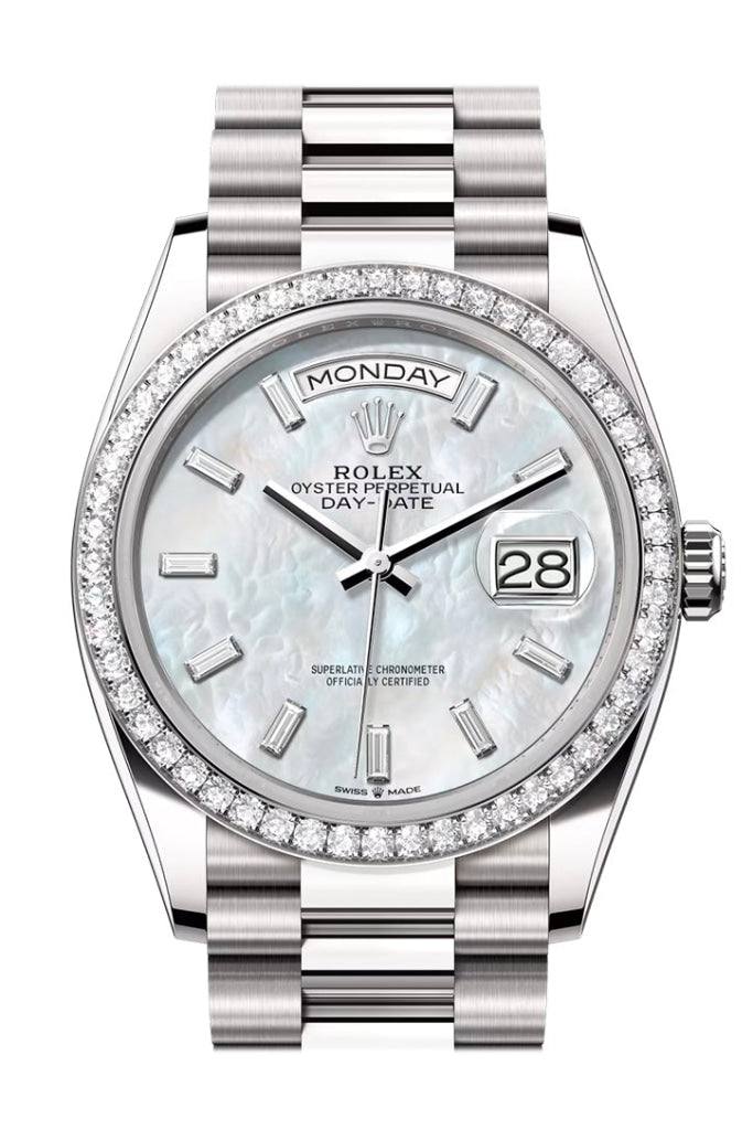 Rolex Day Date 36mm White MOP Diamond Dial Diamond Bezel White Gold President Bracelet 128349RBR