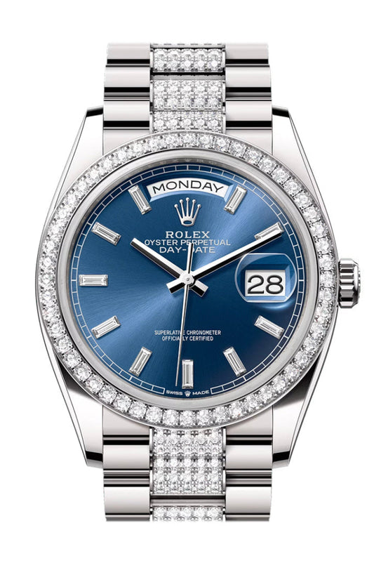 Rolex Day Date 36mm Bright Blue Diamond Dial Diamond Bezel White Gold President Diamond Bracelet 128349RBR