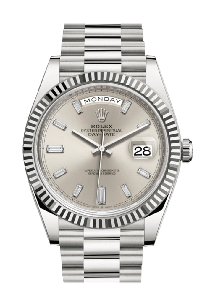 Rolex Day-Date 40 Silver Diamond Dial Fluted Bezel White Gold President Automatic Men's Watch 228239