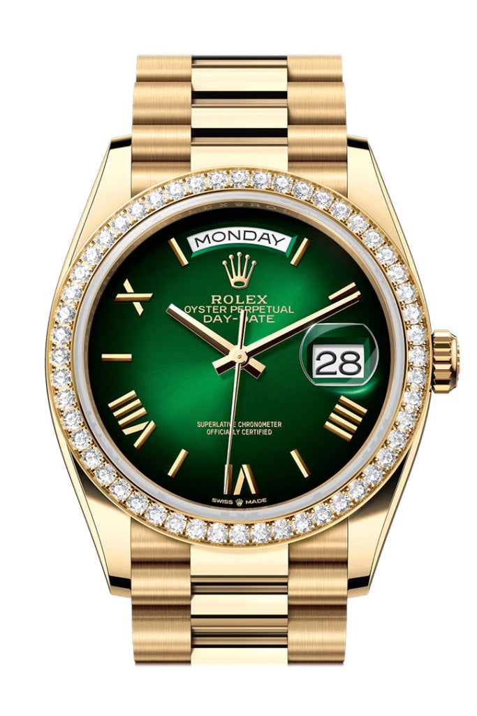 Rolex Day Date 36mm Green Ombre Roman Dial Diamond Bezel Yellow Gold President Bracelet 128348RBR