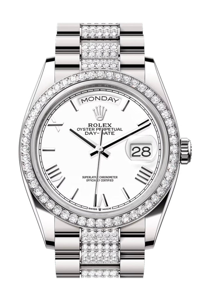 Rolex Day Date 36mm White Roman Dial Diamond Bezel White Gold President Diamond Bracelet 128349RBR