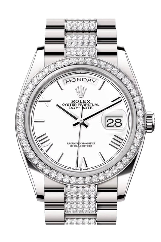 Rolex Day Date 36mm White Roman Dial Diamond Bezel White Gold President Diamond Bracelet 128349RBR