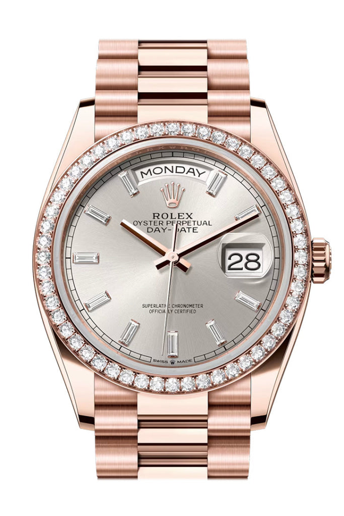 Rolex Day Date 36 Silver Diamond Set Dial Diamond Bezel Rose Gold President Bracelet 128345RBR
