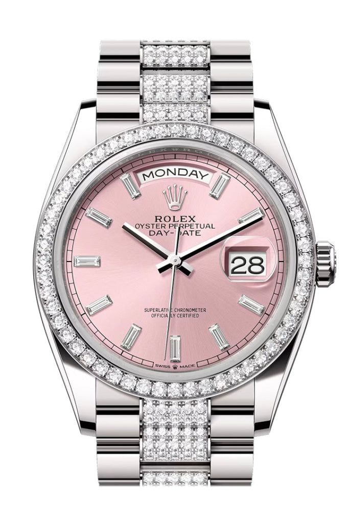 Rolex Day Date 36mm Pink Diamond Dial Diamond Bezel White Gold President Diamond Bracelet 128349RBR
