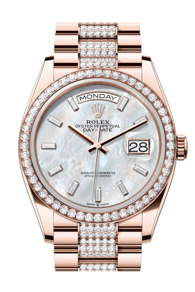 Rolex Day Date 36 White MOP Diamond Dial Diamond Bezel Rose Gold President Diamond Bracelet 128345