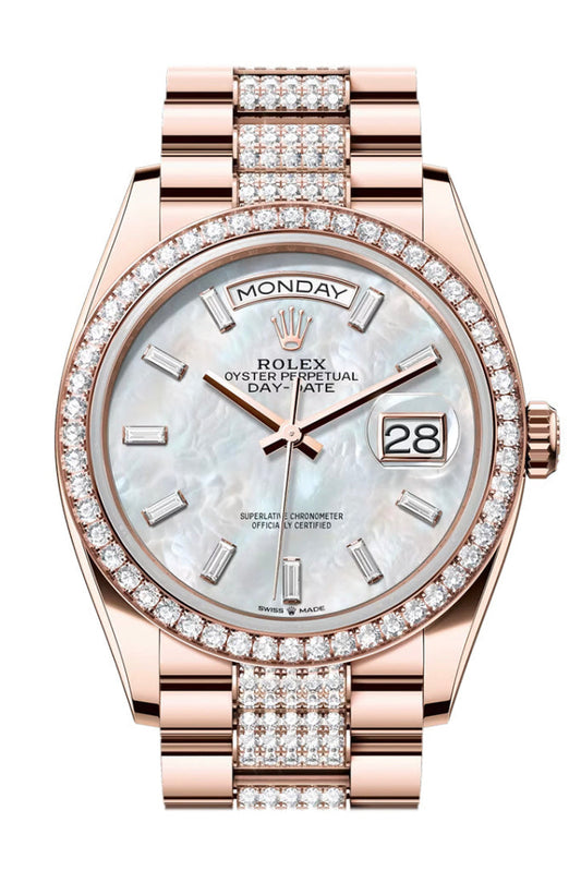 Rolex Day Date 36 White MOP Diamond Dial Diamond Bezel Rose Gold President Diamond Bracelet 128345