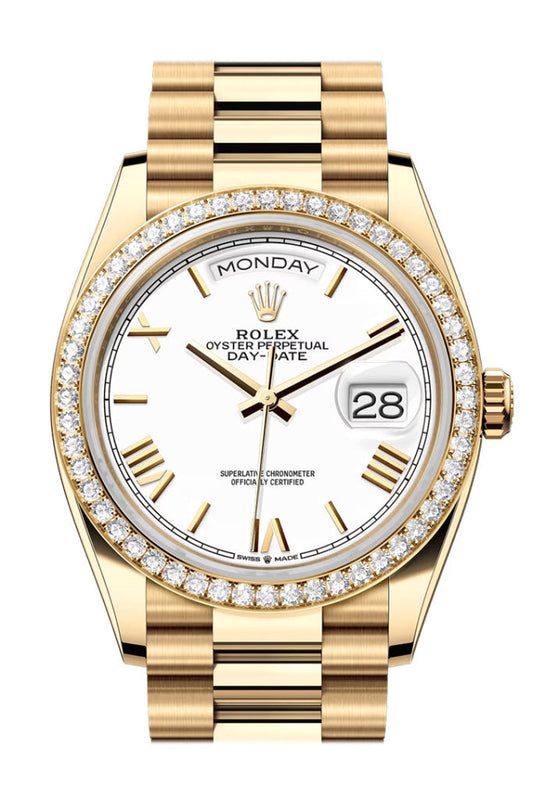 Rolex Day Date 36mm White Roman Dial Diamond Bezel Yellow Gold President Bracelet 128348RBR