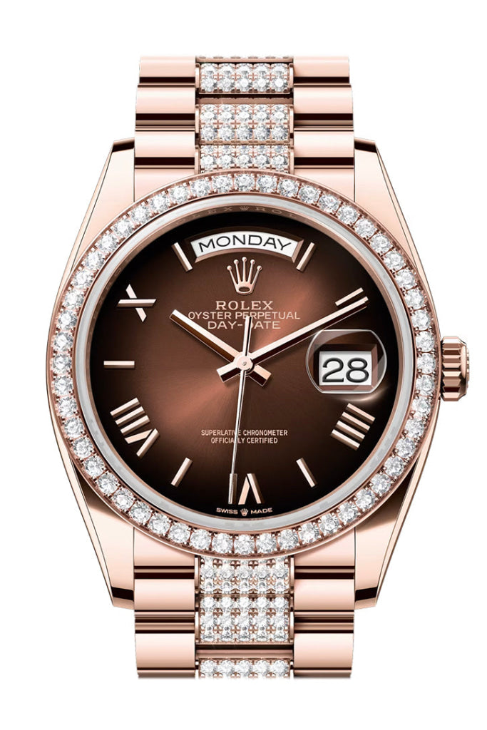 Rolex Day Date 36 Brown Ombre Roman Dial Diamond Bezel Rose Gold President Diamond Bracelet 128345RBR