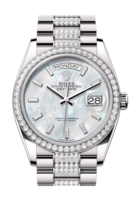 Rolex Day Date 36mm White MOP Diamond Dial Diamond Bezel White Gold President Diamond Bracelet 128349RBR