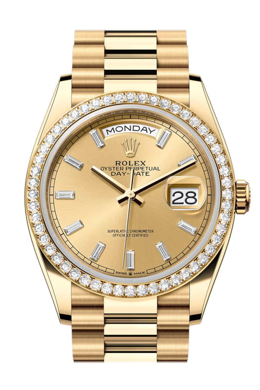 Rolex Day Date 36mm Champagne Diamond Dial Diamond Bezel Yellow Gold President Bracelet 128348RBR