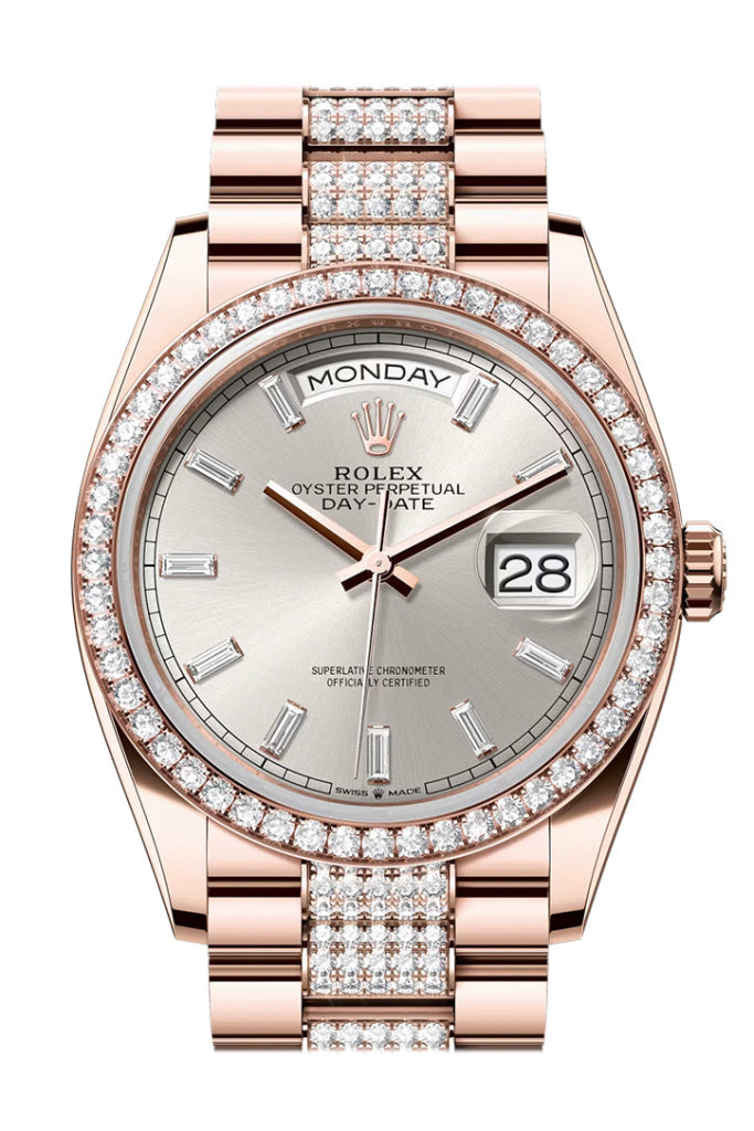 Rolex Day Date 36 Silver Diamond Set Dial Diamond Bezel Rose Gold President Diamond Bracelet 128345RBR