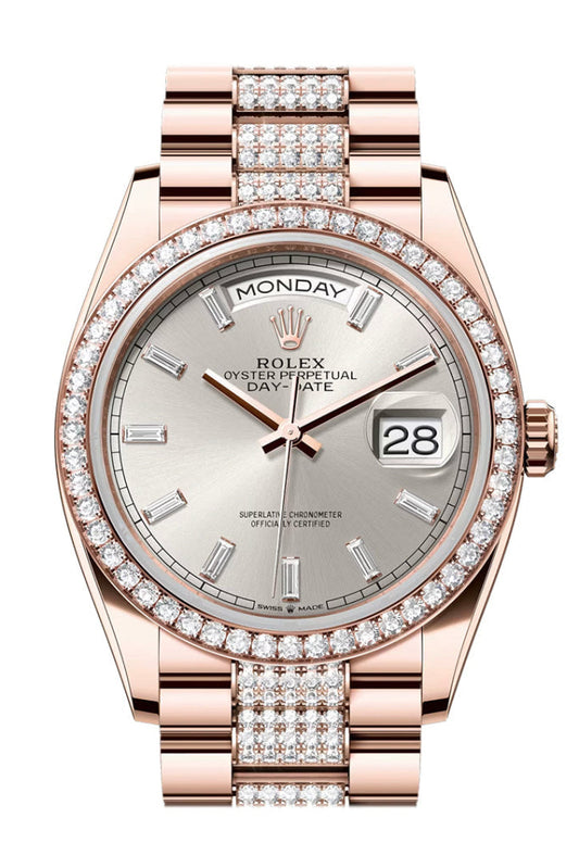 Rolex Day Date 36 Silver Diamond Set Dial Diamond Bezel Rose Gold President Diamond Bracelet 128345RBR
