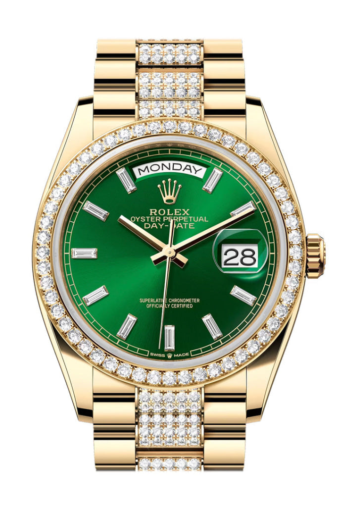 Rolex Day Date 36mm Bright Green Diamond Set Dial Diamond Bezel Yellow Gold President Diamond Bracelet 128348RBR