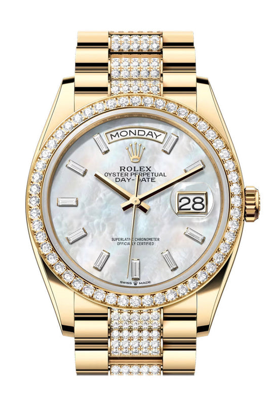 Rolex Day Date 36mm White MOP Diamond Dial Diamond Bezel Yellow Gold President Diamond Bracelet 128348RBR