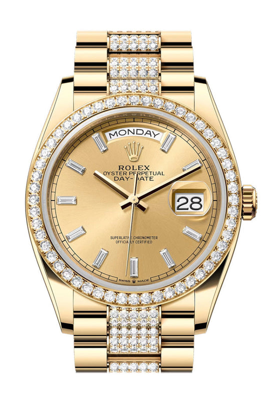 Rolex Day Date 36mmChampagne Diamond Dial Diamond Bezel Yellow Gold President Diamond Bracelet 128348RBR