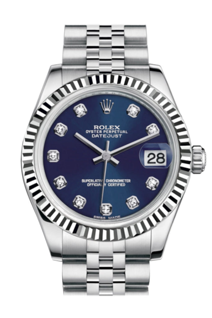Rolex Datejust 31 Blue Set Diamond Dial White Gold Fluted Bezel watch Jubilee Ladies Watch 178274 Pre-owned