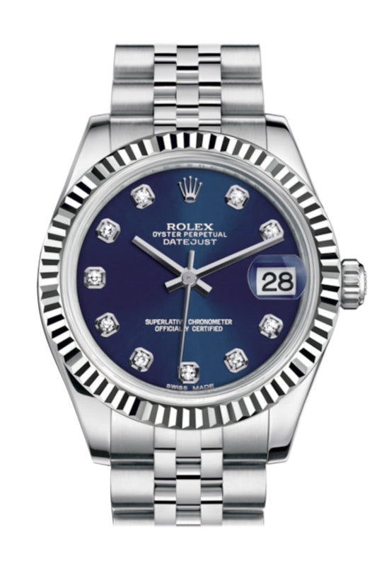 Rolex Datejust 31 Blue Set Diamond Dial White Gold Fluted Bezel watch Jubilee Ladies Watch 178274 Pre-owned