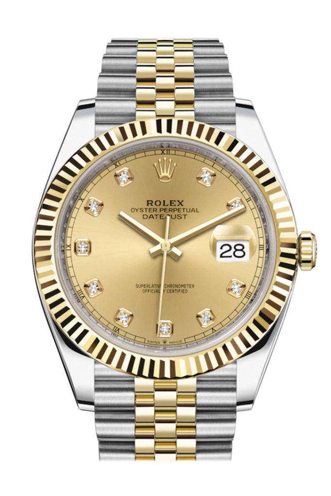 Rolex Datejust 41 Champagne Diamond Dial Fluted Bezel 18k Yellow Gold Jubilee Mens Watch 126333