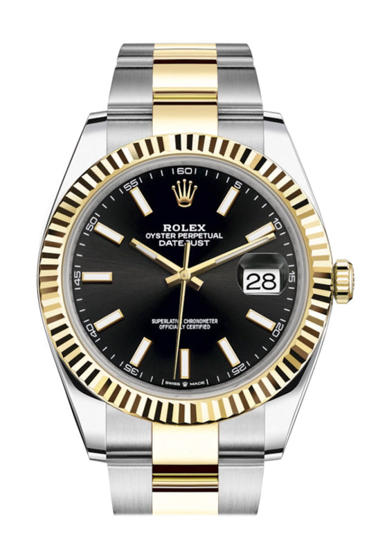 Rolex Datejust 41 Black Dial Fluted Bezel 18k Yellow Gold Mens Watch 126333