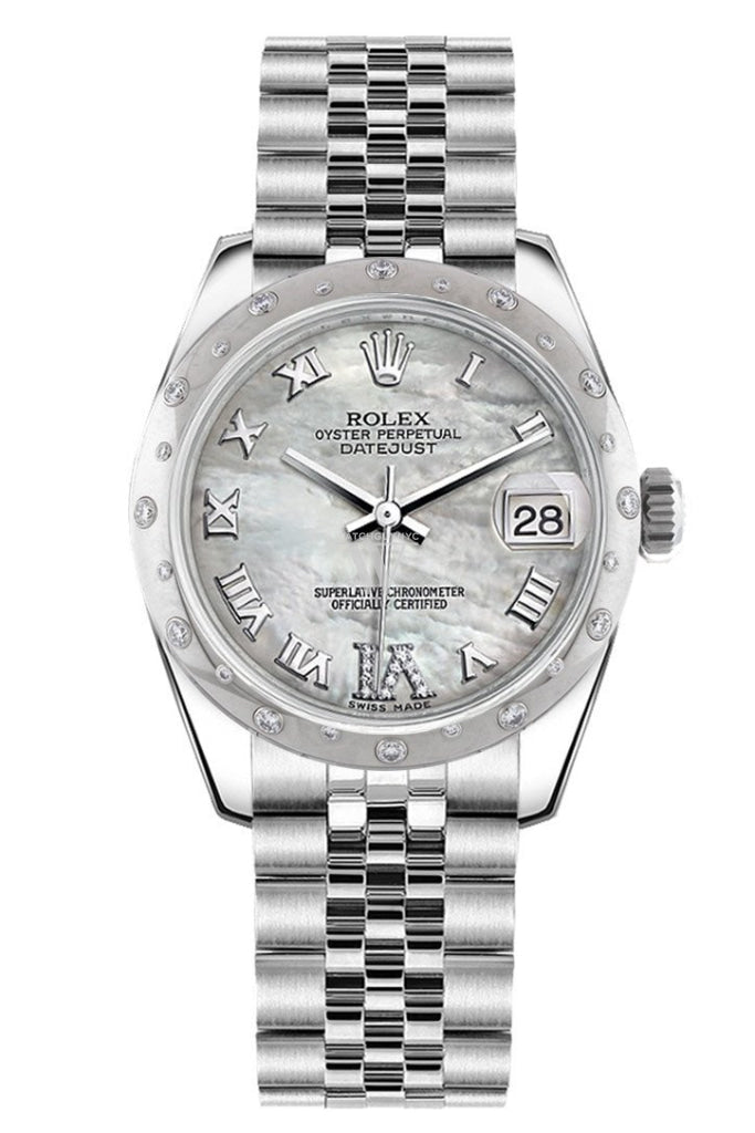 Rolex Datejust 31 White Mother of Pearl Roman Large VI Diamond Dial Diamonds Bezel Jubilee Ladies Watch 178344 Pre-owned