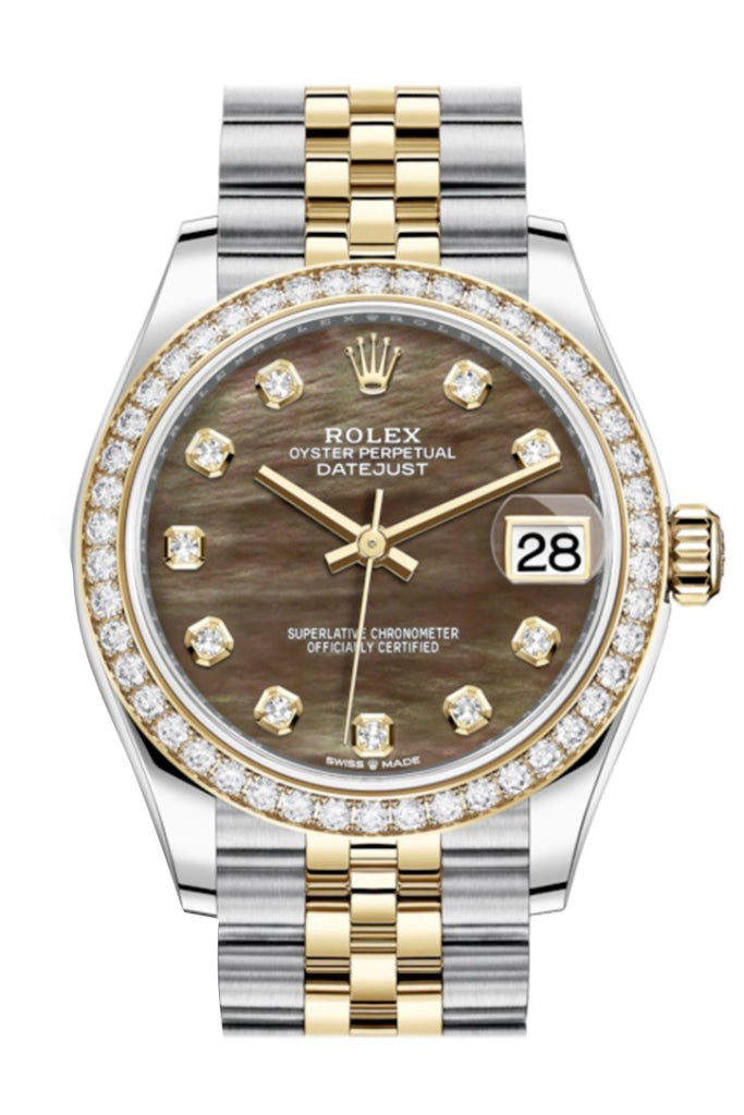 Rolex Datejust 31 Black mother-of-pearl Diamonds Dial Diamond Bezel Yellow Gold Two Tone Jubilee Watch 278383RBR 278383