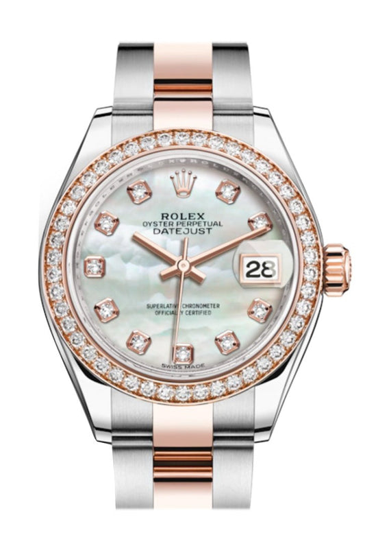 Rolex Datejust 28mm White mother-of-pearl Diamonds Dial Diamond Bezel Rose Gold Two Tone Watch 279381RBR 279381